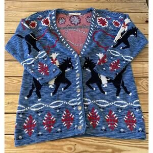 Vintage Delia Mckain Horse Button Up Knitted Cardigan Sweater Size Medium Blue